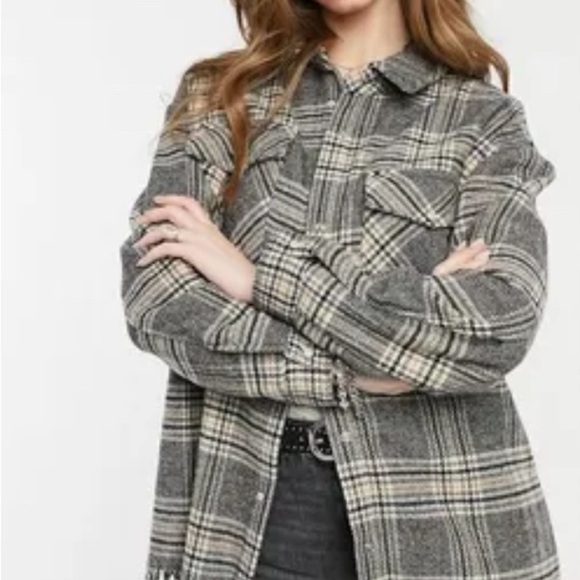 WOOL BLEND - ONLY Blue Denim Anno 1995 Plaid Snap Front Jacket - SIZE M - Picture 9 of 10